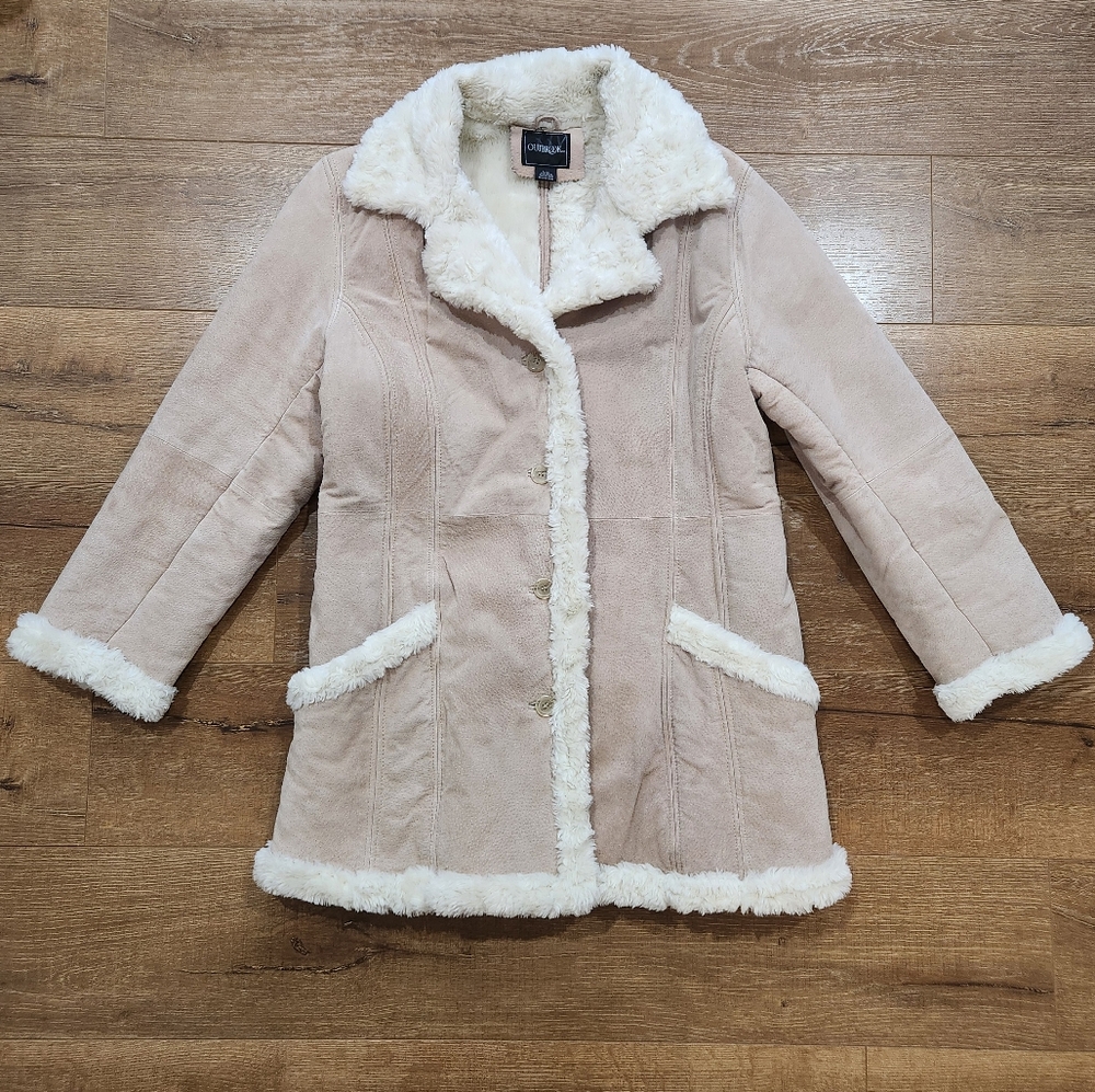 Vtg Y2K shearling penny lane leather suede overcoat large retro 70s hippie cozy